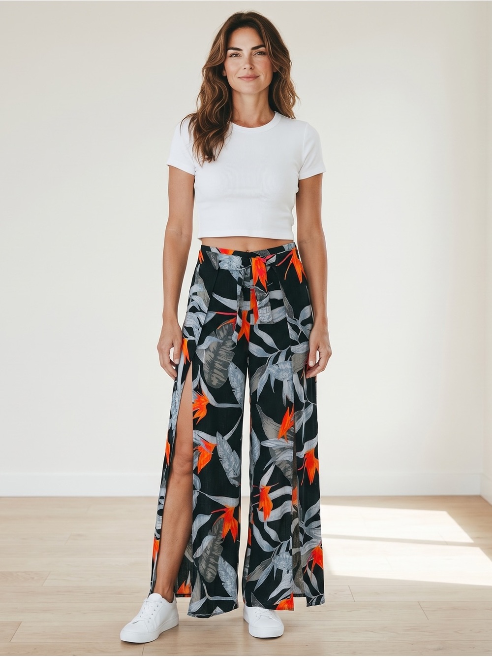 NWT Patrons of Peace Tropical Wide Leg Slit Palazzo Pants Boho Black Orange M